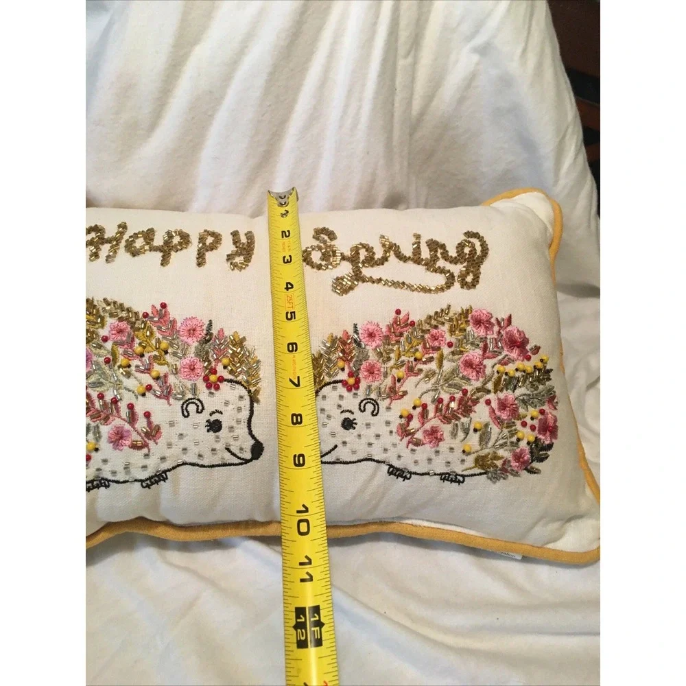 Happy Spring Beaded Floral Pillow Throw Decorative Garden Hedge Hogs